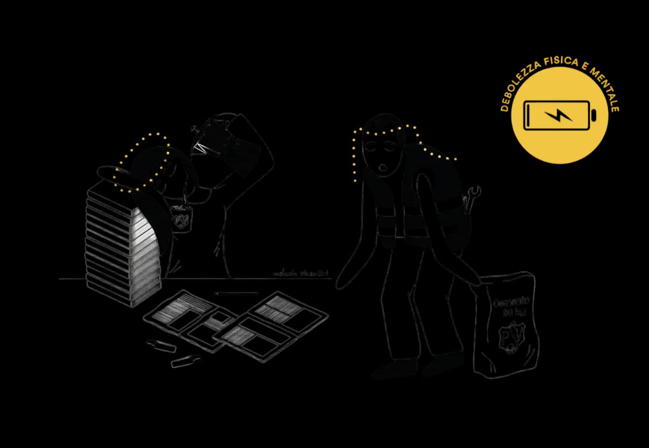 Tired person with books and work